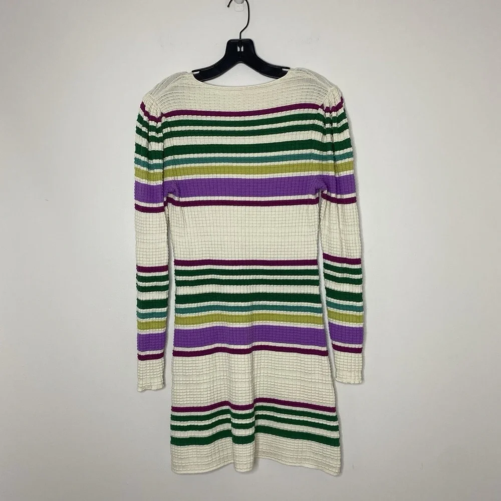 Free People XS Gidget Knit Sweater Dress V-Neck Long Sleeve Ivory Combo Striped
